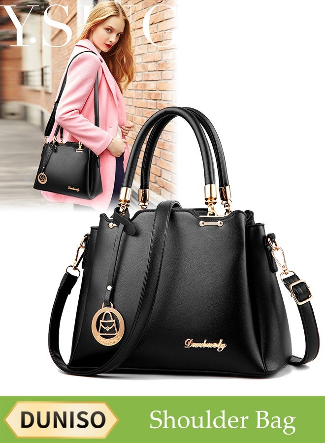 DUNISO Women's Shoulder Bag, Soft Leather Messenger Bag, Simple And Fashionable Handbag, Bucket Bag With Pendant, Adjustable Shoulder Strap, Suitable For Commuting, Travel, Shopping, Storage And Organization, Black - Image 1