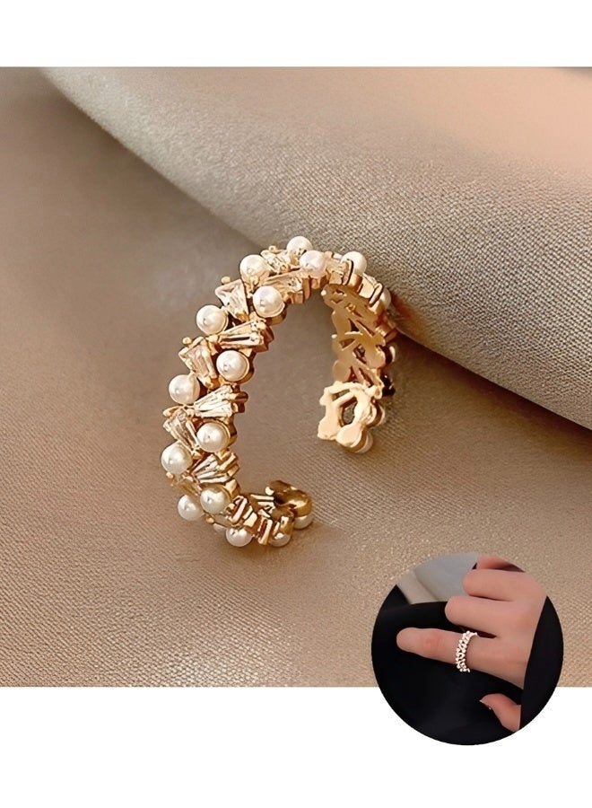 Dainty Pearl Open Ring for Women Adjustable Minimalist Stackable Cuff Ring Hypoallergenic Rhodium Plated Fashion Jewelry for Daily Wear and Gift - Image 1
