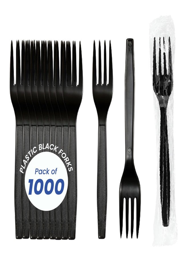 Concession Essentials 7.25" Heavy Weight Plastic Black Forks/Individually Wrapped- Pack of 1000ct - Image 1