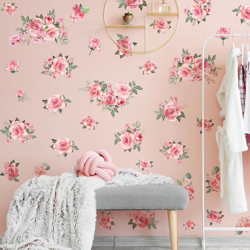 DRWSSR Pink Flowers & Green Leaves Wall Decals - Removable Peel & Stick Garden Floral Wall Stickers for Bedroom & Living Room - Image 1