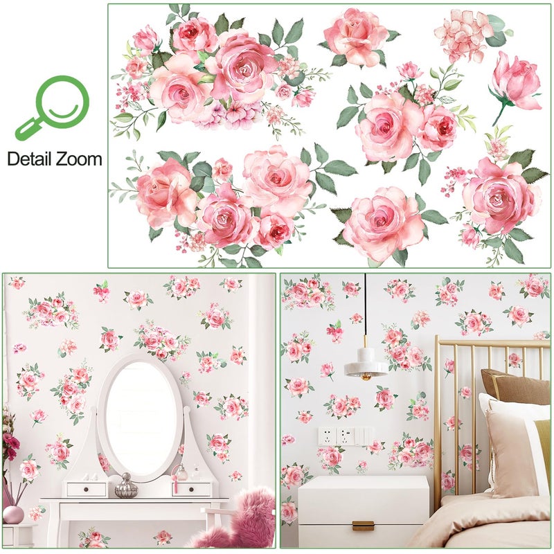DRWSSR Pink Flowers & Green Leaves Wall Decals - Removable Peel & Stick Garden Floral Wall Stickers for Bedroom & Living Room - Image 3