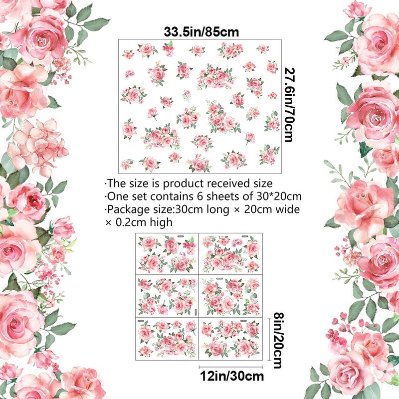 DRWSSR Pink Flowers & Green Leaves Wall Decals - Removable Peel & Stick Garden Floral Wall Stickers for Bedroom & Living Room - Image 2