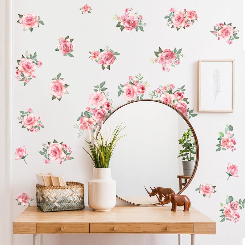 DRWSSR Pink Flowers & Green Leaves Wall Decals - Removable Peel & Stick Garden Floral Wall Stickers for Bedroom & Living Room - Image 5