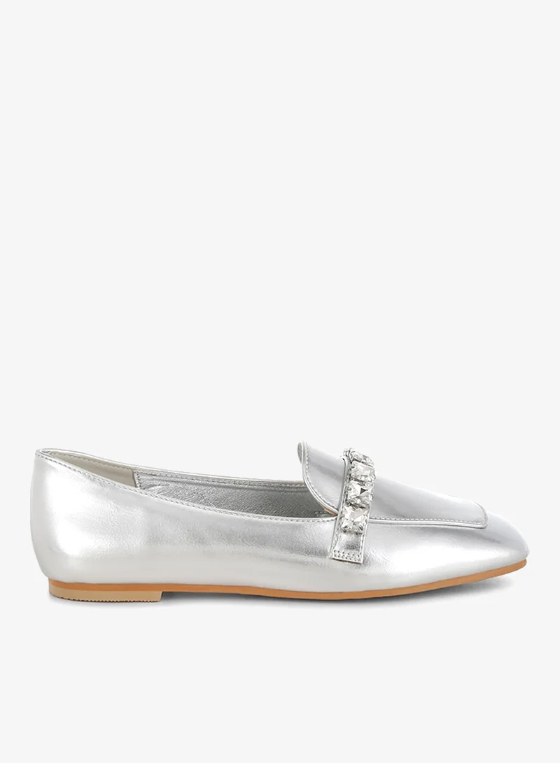 Metallic Diamante Strap Loafers in Silver
