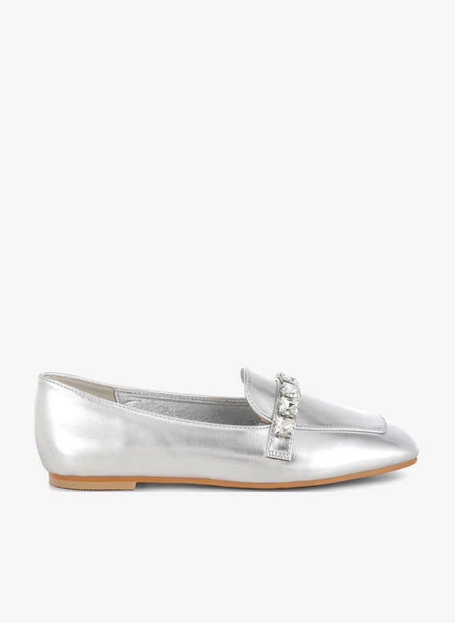London Rag Metallic Diamante Strap Loafers in Silver - Image 1