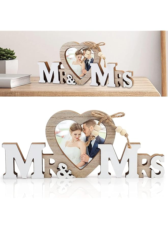 The Bros Wedding Gifts with Heart Photo Frame, Wedding Decorations Couple Personalised Photo Frames Romantic Gifts, Wooden Tabletop Picture Frame Mr and Mrs for Anniversary Party Home Decor - Image 1