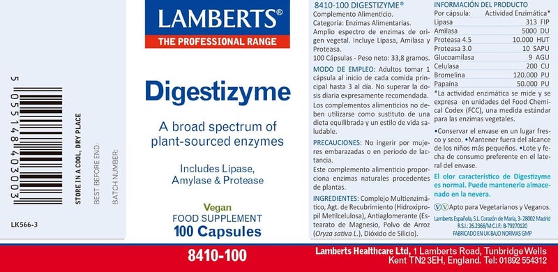 Lamberts Digestizyme 100 Vegetarian Capsules Comprehensive Enzyme Complex - Image 2