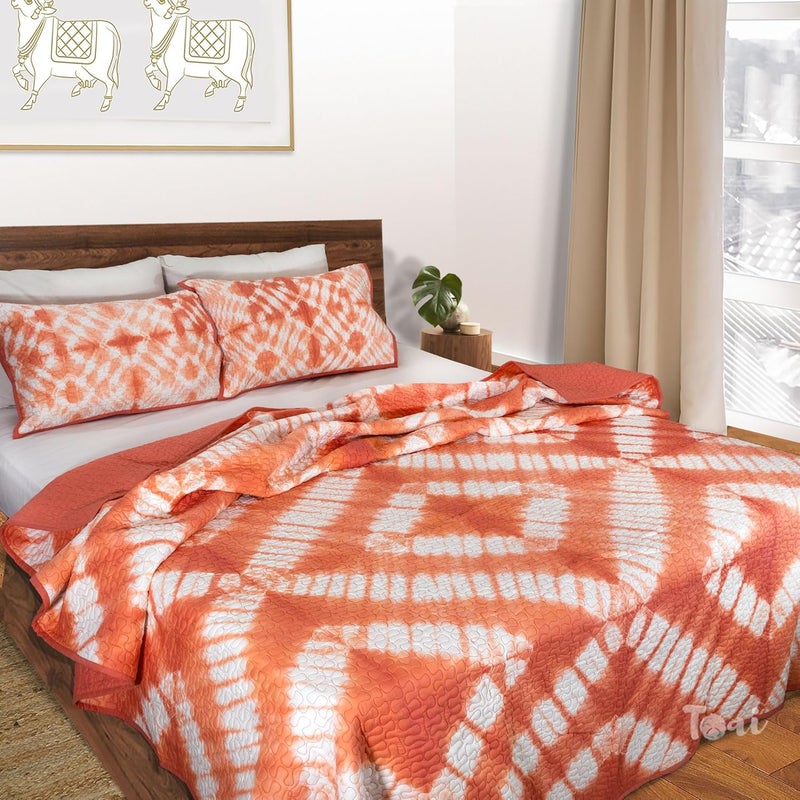 TOAI TOAIArt 100 Cotton Bedcover All Season Lightweight Quilted Bed Cover Bedspread Double Bed 90x108 3 Layers 2 Quilted Pillow Covers Tie Die Peach White