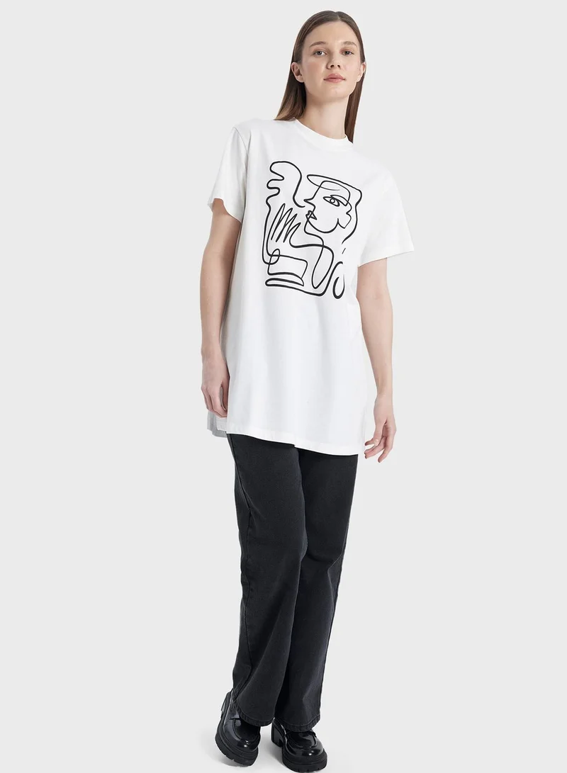 DeFacto Regular Fit Crew Neck Printed Short Sleeve Tunic