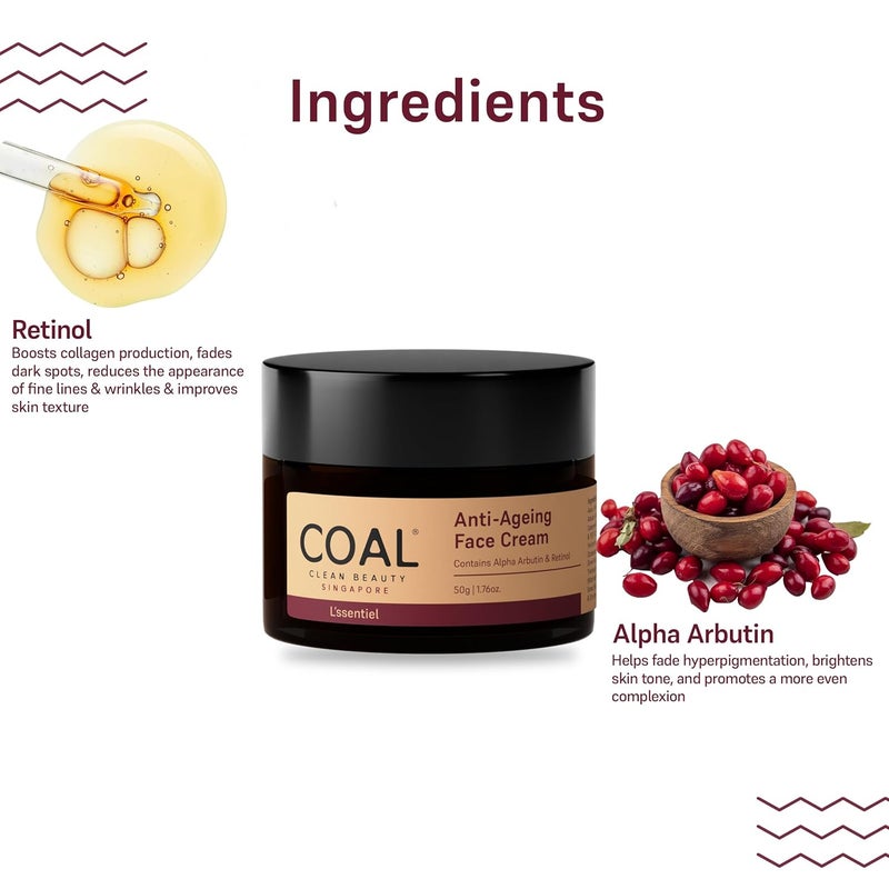 COAL CLEAN BEAUTY COAL Clean Beauty AntiAgeing Face Cream with Retinol Alpha Arbutin Slows Premature Ageing Reduces Fine Lines and Wrinkles Women All Skin Types 50g - Image 3
