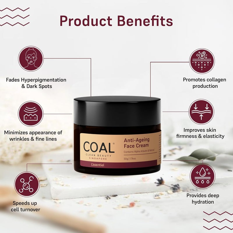 COAL CLEAN BEAUTY COAL Clean Beauty AntiAgeing Face Cream with Retinol Alpha Arbutin Slows Premature Ageing Reduces Fine Lines and Wrinkles Women All Skin Types 50g - Image 4