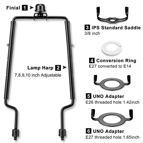 Qc Lamp Shade Harp, 7 8 9 10 inch Adjustable Lamp Harp Kit, Hardware Parts Included Harp Frame and Finials, Standard Saddle, E14 E26 E27 Light Base UNO Fitter Adapter, Lamp Shade Holder (Black) - Image 3