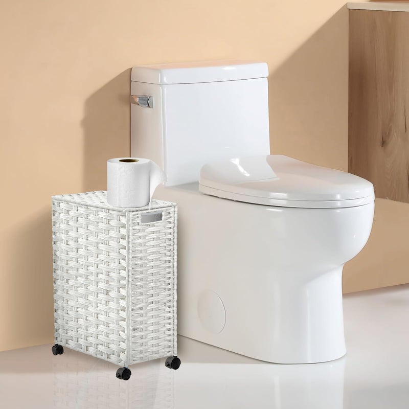 Hiagnete Toilet Paper Storage Basket with Lid and Wheels, Rattan Toilet Paper Holder Storage, Toilet Paper Organizer for Bathroom, Bedroom, Kitchen, 12.6â€L x 7.1â€W x 17.14â€H, White - Image 2