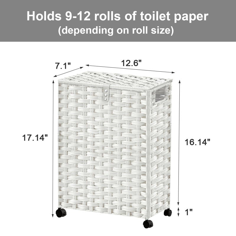 Hiagnete Toilet Paper Storage Basket with Lid and Wheels, Rattan Toilet Paper Holder Storage, Toilet Paper Organizer for Bathroom, Bedroom, Kitchen, 12.6â€L x 7.1â€W x 17.14â€H, White - Image 4