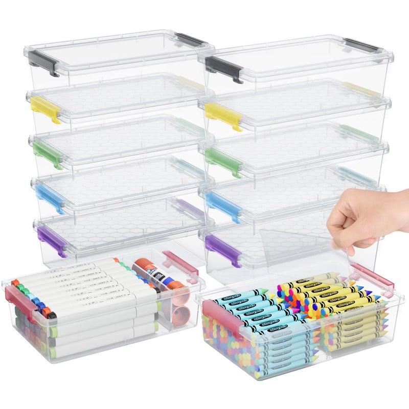 GEOPHIA 12 Pack Extra Large Pencil Box with Removable Divider, Thickened Pencil Case Bulk, Clear Crayon Marker Organizer Stackable Plastic Small Storage Containers for Pen Craft School Supplies, Multi - Image 1