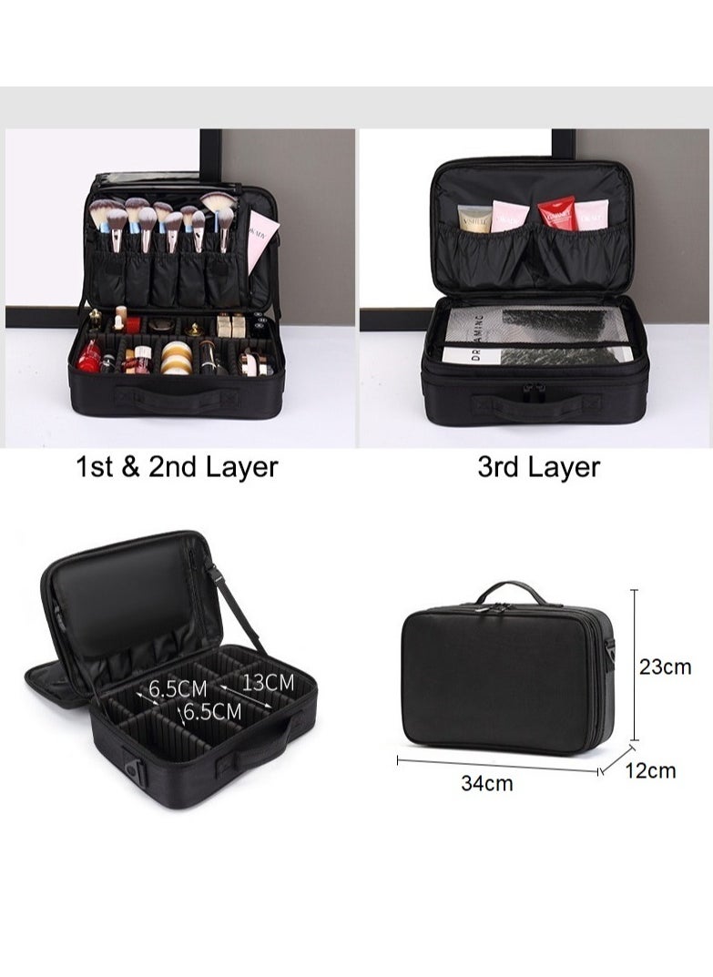 Folanry Makeup Bag, MakeupTravel Organizer,Travel Cosmetic Organizer Brush Holder, Waterproof Makeup Artist Storage Box for Hair Curler Hair Straightener Brush Set and Cosmetics, 3 Layer Large Capacity, with Adjustable Strap  - Image 4