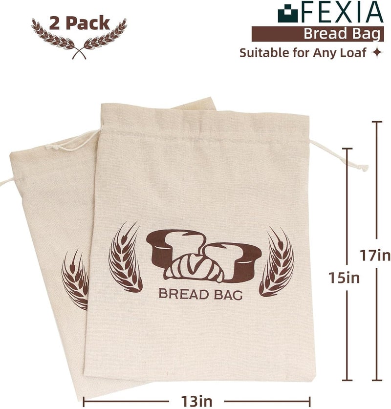 FEXIA 2 Pack Reusable Bread Bags for Homemade Bread - Plastic Lined - Sourdough Storage Pure Linen 17" x 13" XL Bread Storage Housewarming, Wedding Gift, Storage for Artisan Bread Bakery & Baguette - Image 2