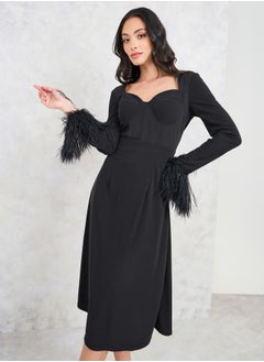 Faux Feather Trim Sleeves Sweetheart Neck Sheath Midi Dress