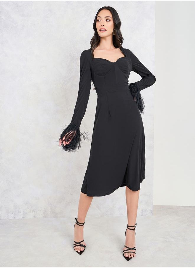 Faux Feather Trim Sleeves Sweetheart Neck Sheath Midi Dress - pzsku/Z3477910FE0D8217FC07AZ/45/_/1710080072/0d311578-1235-4ade-86ea-4fdf42b57554