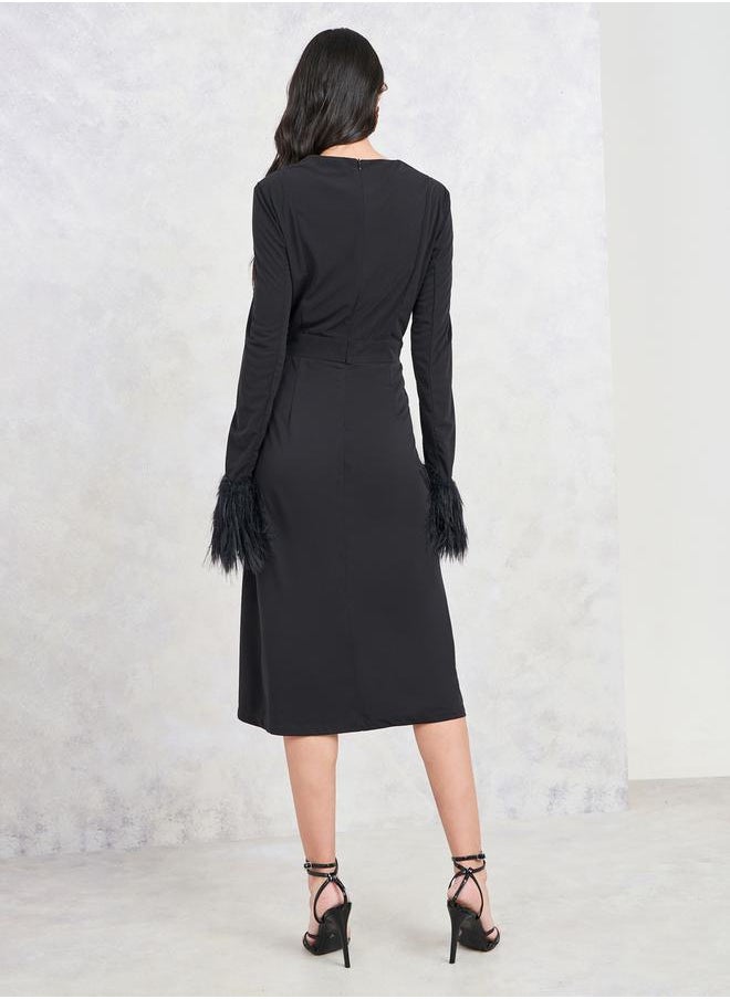 Styli - Faux Feather Trim Sleeves Sweetheart Neck Sheath Midi Dress - Image 1