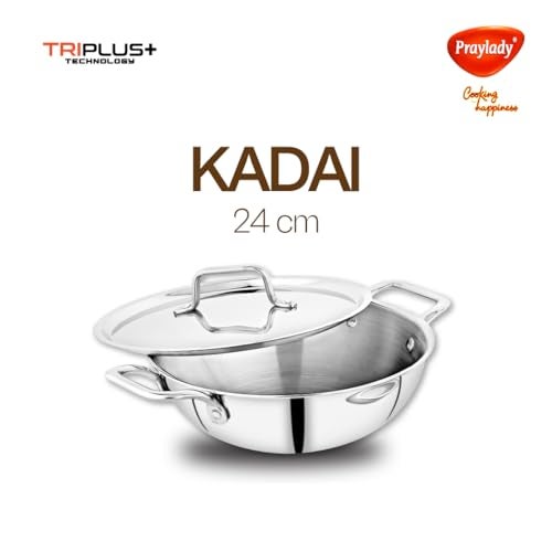 Praylady TRIPLUS 5-Piece Triply Cookware Set | 24cm Kadai+24cm Lid+22cm Frypan+16cm Saucepan+16cm Lid | Triple-Layered Stainless Steel-Aluminum | Induction & Gas Compatible - Image 5