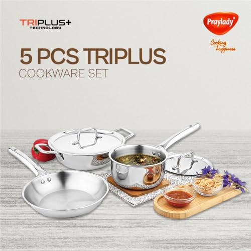 Praylady TRIPLUS 5-Piece Triply Cookware Set | 24cm Kadai+24cm Lid+22cm Frypan+16cm Saucepan+16cm Lid | Triple-Layered Stainless Steel-Aluminum | Induction & Gas Compatible - Image 3