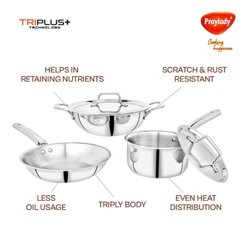 Praylady TRIPLUS 5-Piece Triply Cookware Set | 24cm Kadai+24cm Lid+22cm Frypan+16cm Saucepan+16cm Lid | Triple-Layered Stainless Steel-Aluminum | Induction & Gas Compatible - Image 4