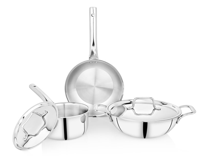 Praylady TRIPLUS 5-Piece Triply Cookware Set | 24cm Kadai+24cm Lid+22cm Frypan+16cm Saucepan+16cm Lid | Triple-Layered Stainless Steel-Aluminum | Induction & Gas Compatible - Image 1