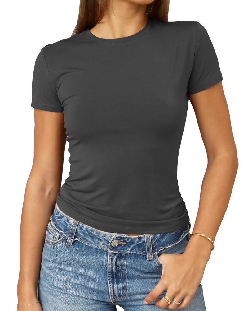 Abardsion Women's Casual Basic Going Out Crop Tops Slim Fit Short Sleeve Crew Neck Tight T Shirts 2026 (Deep Grey, S) - Image 1