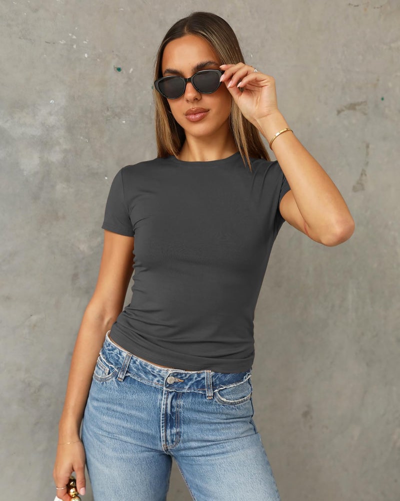 Abardsion Women's Casual Basic Going Out Crop Tops Slim Fit Short Sleeve Crew Neck Tight T Shirts 2026 (Deep Grey, S) - Image 2