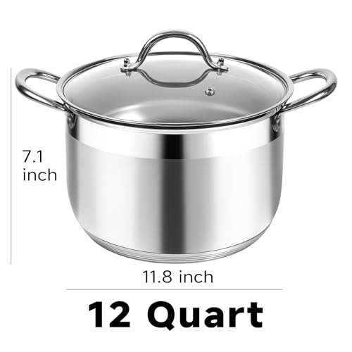 Kirecoo Stainless Steel Stock Pot 12 Quart Heavy Duty Stock Cooking Pot with Visible Lid for Pasta Soup Spaghetti Nonstick Thick Bottom Big Stockpot Cookware for Canning Boiling Simmer - Image 3