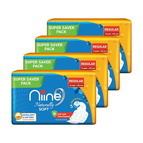 NIINE Naturally Soft Regular Sanitary Napkins for women|230mm Long| Extra Soft & Cottony for Rash Control|2x Absorption|Anti-Leak Lock Protection |Super Saver Pack|(Pack of 4) 72 Pads - Image 1