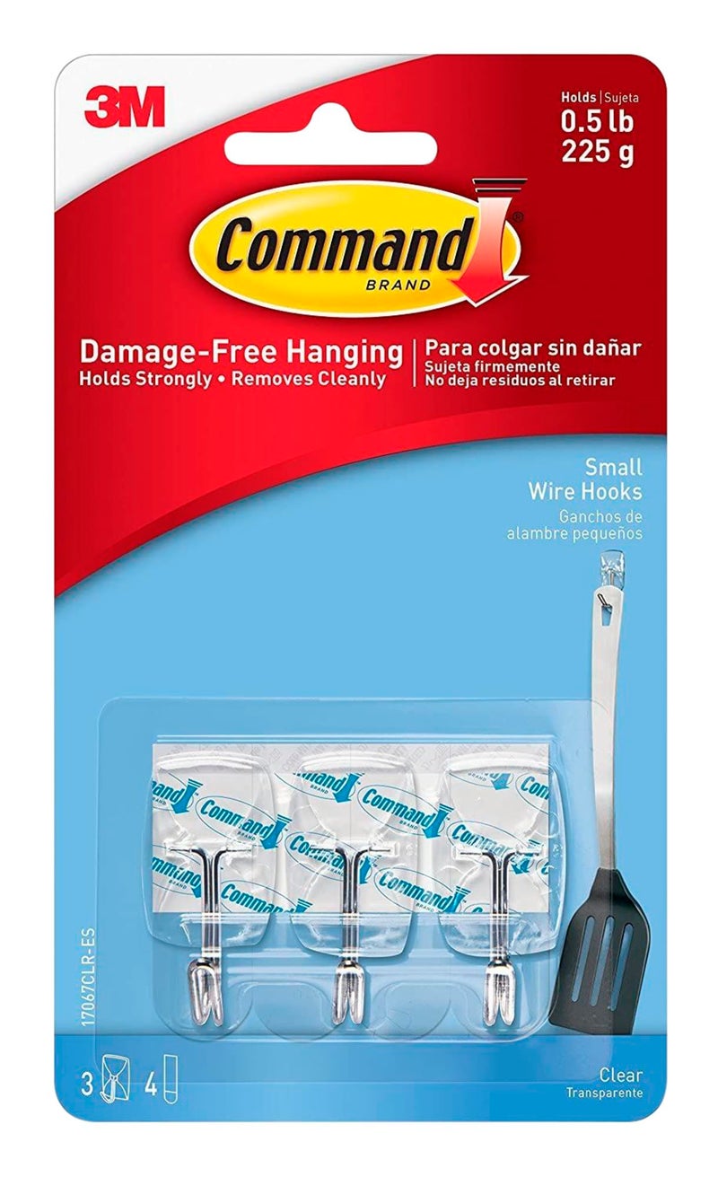 Command 3M Command Small Clear Wire Wall Hooks, Holds 225gms, No Paint Damage, Holds Strongly, Reusable, Adhesive hooks for wall, Multi-surface (Transparent, 3 hooks, 4 strips), Plastic - Image 1