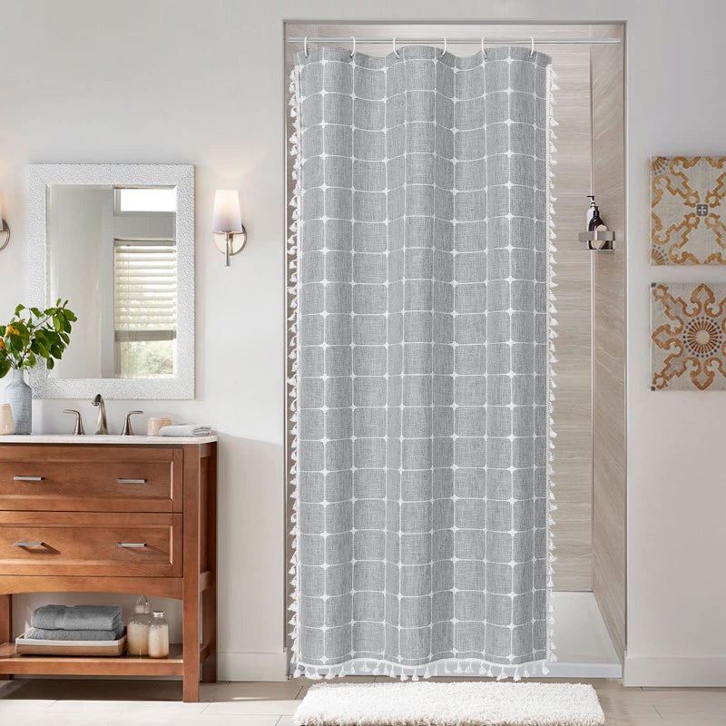 MitoVilla Grey Boho Small Stall Shower Curtain 36 x 72 Narrow Half Size Cotton Linen Fabric Shower Curtains for Farmhouse Bathroom Decor Modern Cloth Shower Curtain Set with Hooks
