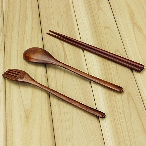 AOOSY Wooden Spoon and Fork Set, AOOSY 3 Pcs Nanmu Wood Fork Spoon Chopsticks Camping Travel Flatware Set Tableware with Bag, Brown Color - Image 2