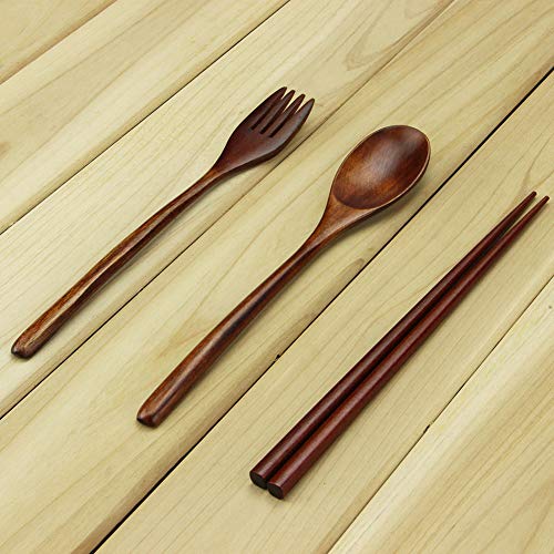 AOOSY Wooden Spoon and Fork Set, AOOSY 3 Pcs Nanmu Wood Fork Spoon Chopsticks Camping Travel Flatware Set Tableware with Bag, Brown Color - Image 3