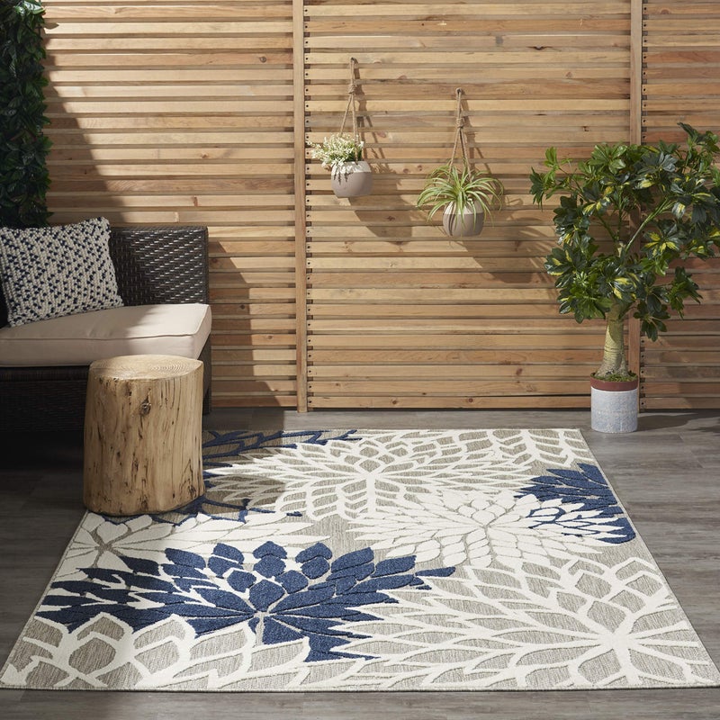 Nourison Aloha IndoorOutdoor Floral IvoryNavy 53 x 75 Area Rug 5 x 8