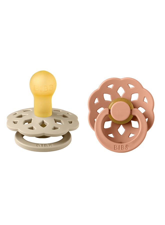 BIBS Baby Pacifier Boheme, Made with Natural Rubber Latex, Round Nipple, Mouth Skin Sensitive, Soft, Flexible, For Babies Aged Upto 6 Months, BPA-free, Vanilla/ Peach Colour, Pack of 2, Size 1 - Image 1