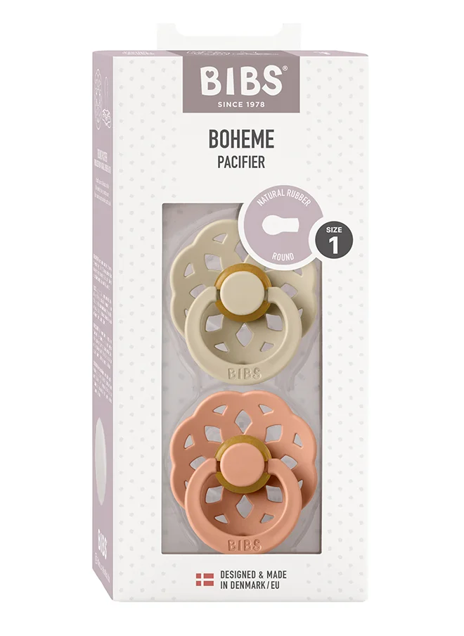 BIBS Baby Pacifier Boheme, Made with Natural Rubber Latex, Round Nipple, Mouth Skin Sensitive, Soft, Flexible, For Babies Aged Upto 6 Months, BPA-free, Vanilla/ Peach Colour, Pack of 2, Size 1