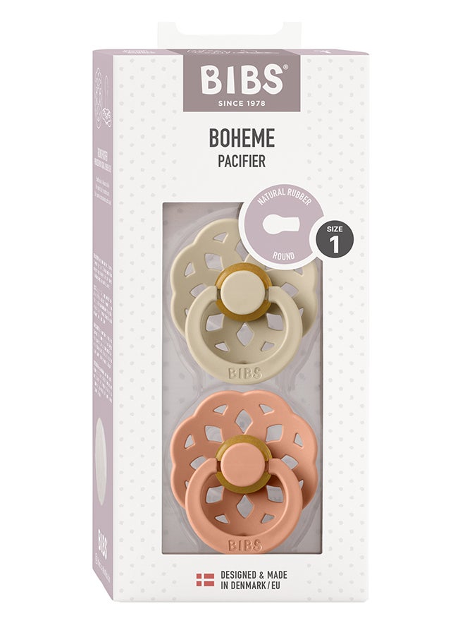 BIBS Baby Pacifier Boheme, Made with Natural Rubber Latex, Round Nipple, Mouth Skin Sensitive, Soft, Flexible, For Babies Aged Upto 6 Months, BPA-free, Vanilla/ Peach Colour, Pack of 2, Size 1 - Image 2