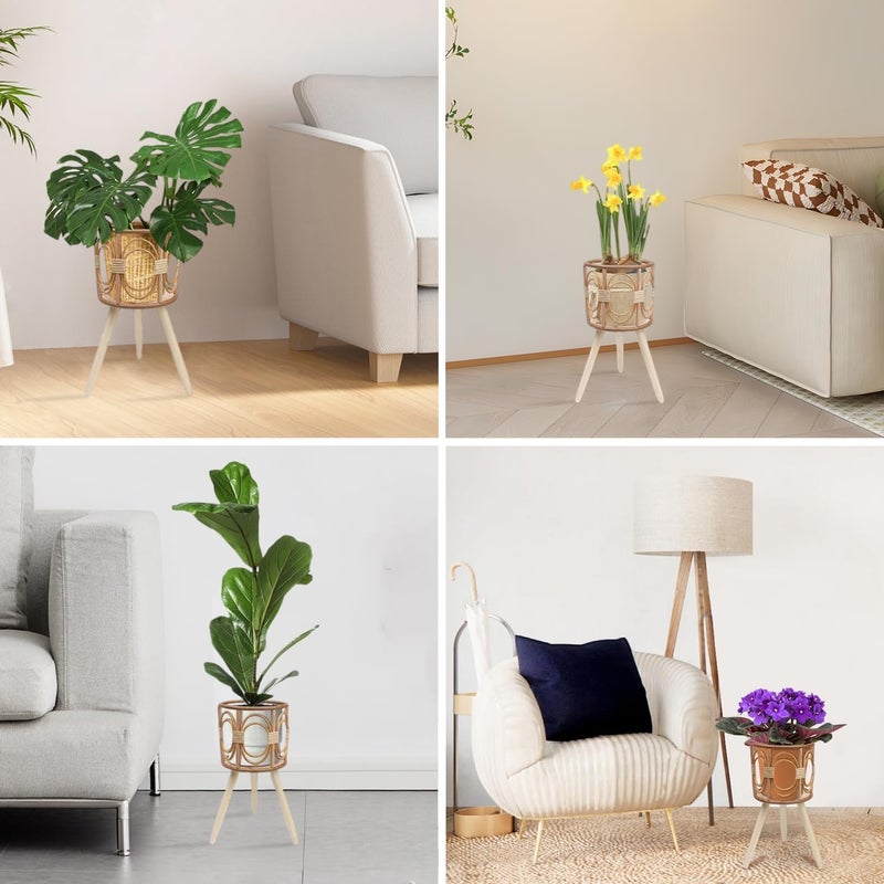 Angju Rattan Plant Stand, Wicker Plants Baskets Indoor, Handmade Woven Wooden Planter with Legs, Boho Style Hollow Flowers Display Rack Straw Standing Floor Stool Shelf for Pot Holder - Image 4