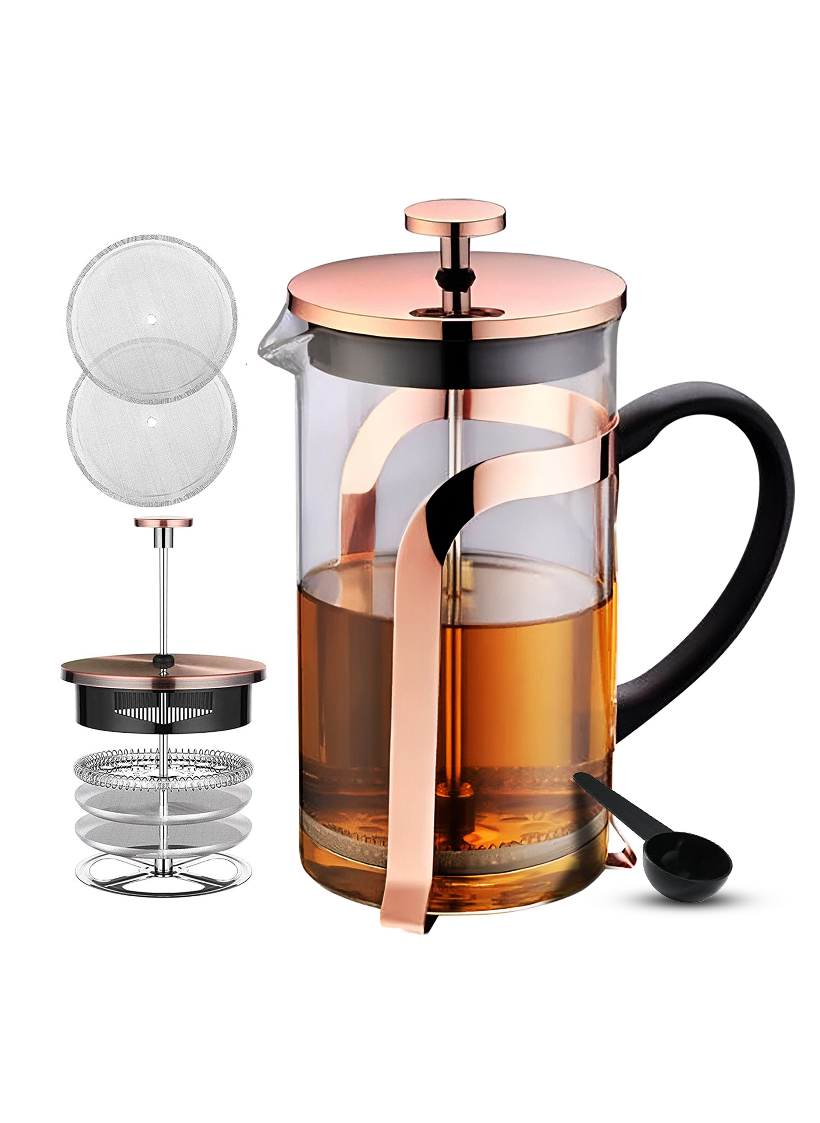 Large(350ml) Coffee French Press Plunger Brewer Pot, 4 Part Filtration, Metallic body, Borosilicate glass with 2 Extra spare filter and 1 coffee spoon, Rose Gold 