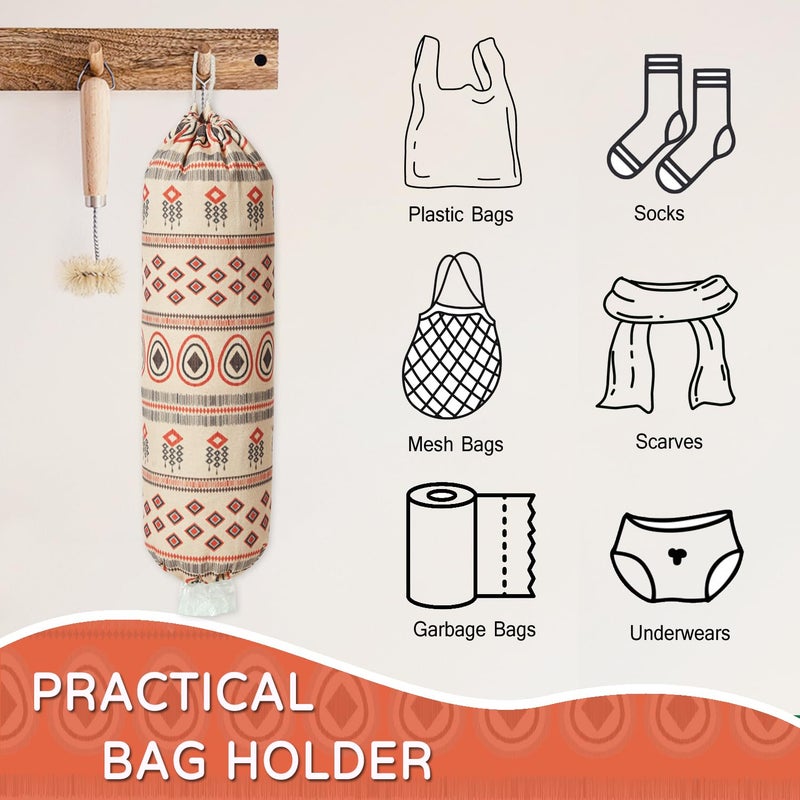 LeCorner Plastic Bag Holder, Reusable Grocery Bag Holder for Plastic Bags Groceries Store, Flower Canvas Trash Plastic Bag Organizer Storage Holders for Home Kitchen Pantry Decor (Boho Style) - Image 3