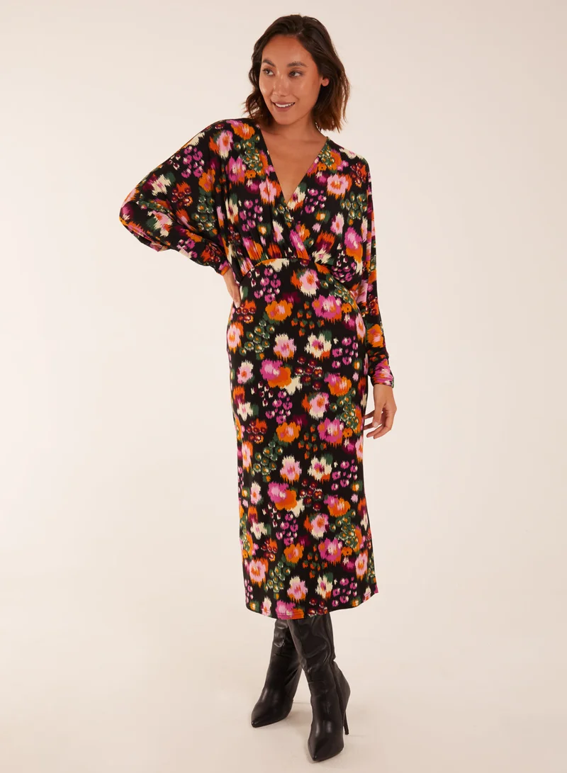 Blue Vanilla Wrap Batwing Floral Midi Dress With Side Split