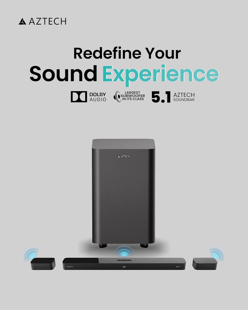 AZTECH 5.1CH Soundbar with Wired Subwoofer 230W Bluetooth 5.3 Home Theater System Game Mode with HDMI ARC, Optical, AUX, USB, DSP, 3EQ Modes & Remote Deep Bass Surround Soundbar TV Speaker الإصدار الإماراتي - Image 2