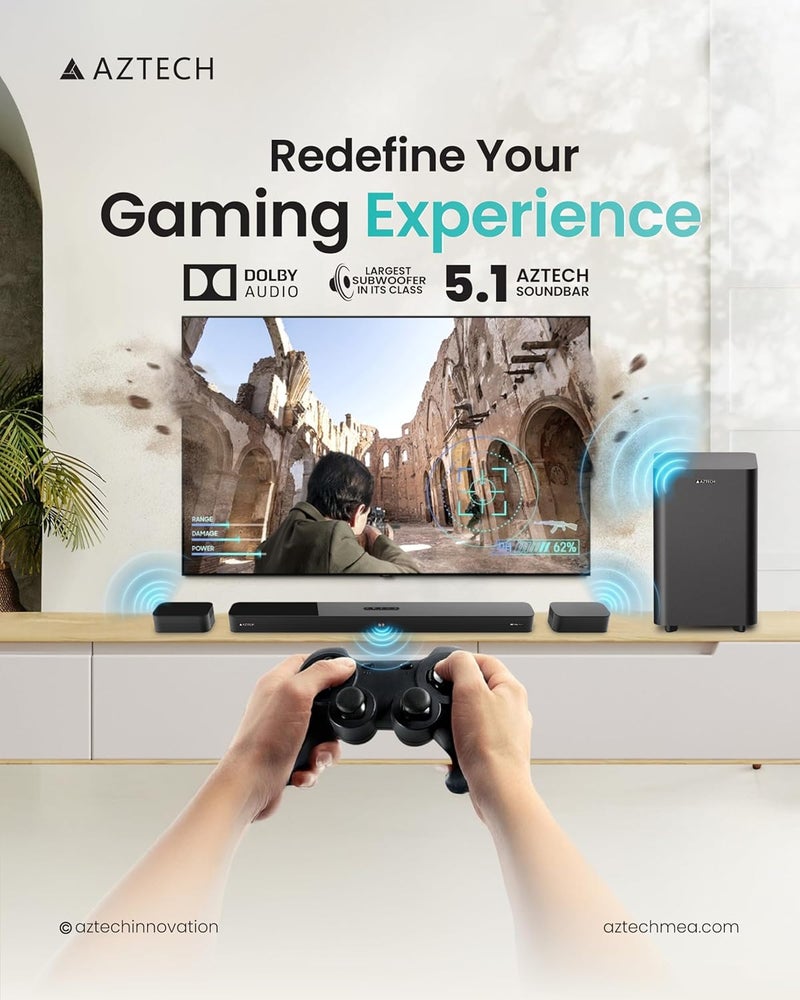 AZTECH 5.1CH Soundbar with Wired Subwoofer 230W Bluetooth 5.3 Home Theater System Game Mode with HDMI ARC, Optical, AUX, USB, DSP, 3EQ Modes & Remote Deep Bass Surround Soundbar TV Speaker الإصدار الإماراتي - Image 5
