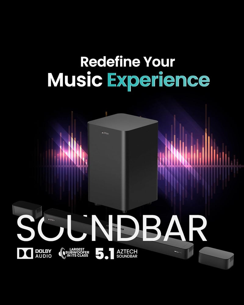 AZTECH 5.1CH Soundbar with Wired Subwoofer 230W Bluetooth 5.3 Home Theater System Game Mode with HDMI ARC, Optical, AUX, USB, DSP, 3EQ Modes & Remote Deep Bass Surround Soundbar TV Speaker الإصدار الإماراتي - Image 4