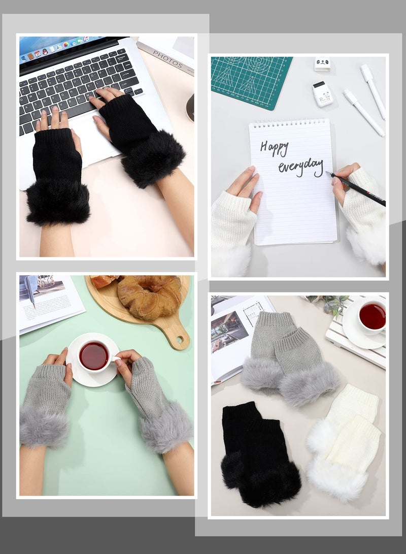 Excefore Faux Fur Fingerless Gloves, 3 Pairs Winter Knit Gloves Warm Fluffy Thumb Hole Mittens Arm Warmers for Women - Image 4