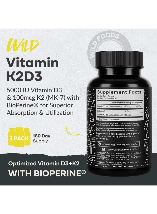 Wild Foods 5000iu Vitamin D3 + K2 | (100mcg Mk7) with Black Pepper Extract, Plant-Based, Non-GMO, Soy & Gluten-Free | Dietary Supplement | Made in USA | 60 Capsules - Image 4