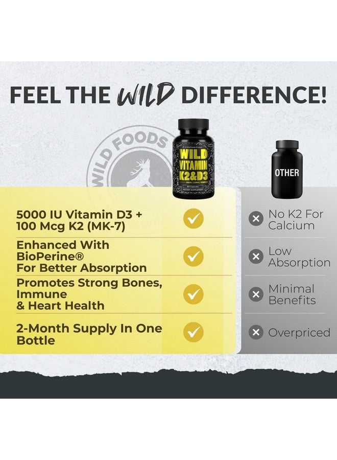 Wild Foods 5000iu Vitamin D3 + K2 | (100mcg Mk7) with Black Pepper Extract, Plant-Based, Non-GMO, Soy & Gluten-Free | Dietary Supplement | Made in USA | 60 Capsules - Image 5